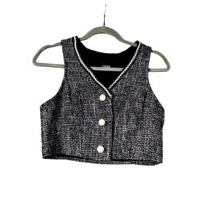 Cider Tweed Crop Top Vest Sleeveless Button Down Black White